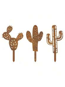 3 件乡村金属仙人掌花园桩，铁制庭院标志和标记，适用于户外草坪装饰，非常适合露台和阳台，花园装饰 - 鏽色 - 查看 5