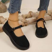 Women's Black Corduroy Mary Jane Platform Shoes - Comfortable Thick Sole Buckle Strap Casual Flats For Daily Wear - màu đen - Xem 1