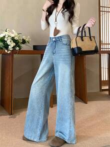 Korean Design Starry Rhinestone Embellished Loose Straight Leg Jeans - Blue - View 3