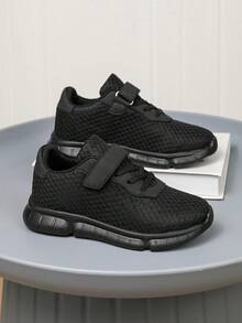 1 Pair New Kids Hook & Loop Sports Shoes, Breathable Mesh Upper, Non-Stuffy, Black, Soft Sole, Comfortable, Durable, Versatile Casual Sneakers For Boys And Girls, Ultra Lightweight, Soft Sole, Shock Absorbing - Black - View 10