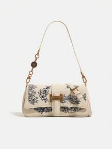 2026新款时尚女士单肩包，优雅奢华女士包，复古刺绣设计，法棍包款式，多功能精致工艺腋下包，通勤风格单肩/斜挎包 - 米色 - 查看 4