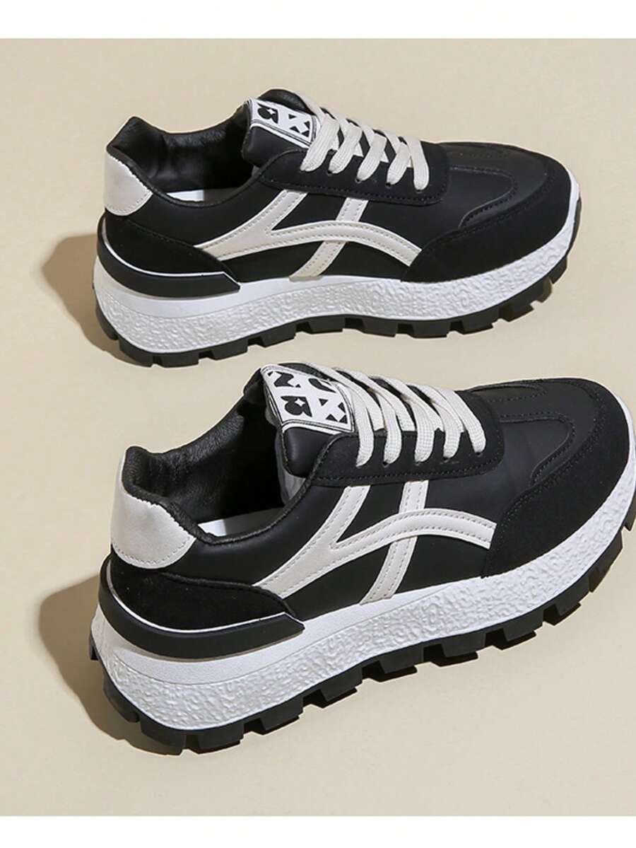 2026新款厚底女式运动鞋，学生款，百搭，春秋季，小众，休闲，透气，软底，跑步鞋 - 黑色 - 查看 1