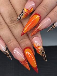 可爱巴洛克Y2K西部风亮面金属斑马纹和豹纹美甲套装,包含10片法式美甲贴纸(白色、金色、绿色、橙色),长尖亚克力按压式美甲贴片,饰有3D雕刻花朵、3D珠子、3D金戒指和钻石,打造猫眼法式Y2K哥特风格,适合新年假期和日常佩戴,套装内含凝胶贴纸和指甲锉。美甲用品 - 亮橙色 - 查看 3