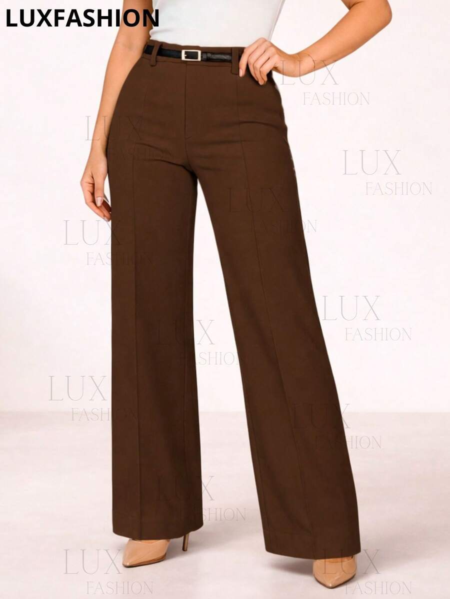 Women's Wide Leg Elegant Tailored Pantaloons With Belt - Nâu sẫm - Xem 1