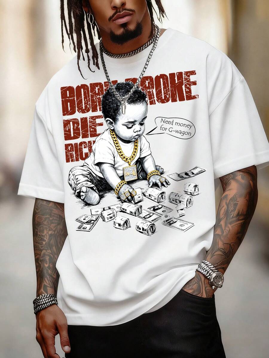 Men's Loose Child & Money Print Round Neck Short Sleeve T-Shirt | Exquisite Design | Summer Essential | Easy To Match - White - View 1