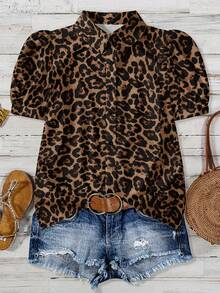 1pc Women's Elegant Short Sleeve Leopard Print Button-Up Shirt, Suitable For All Seasons Vacation Summer - Coffee Brown - View 2