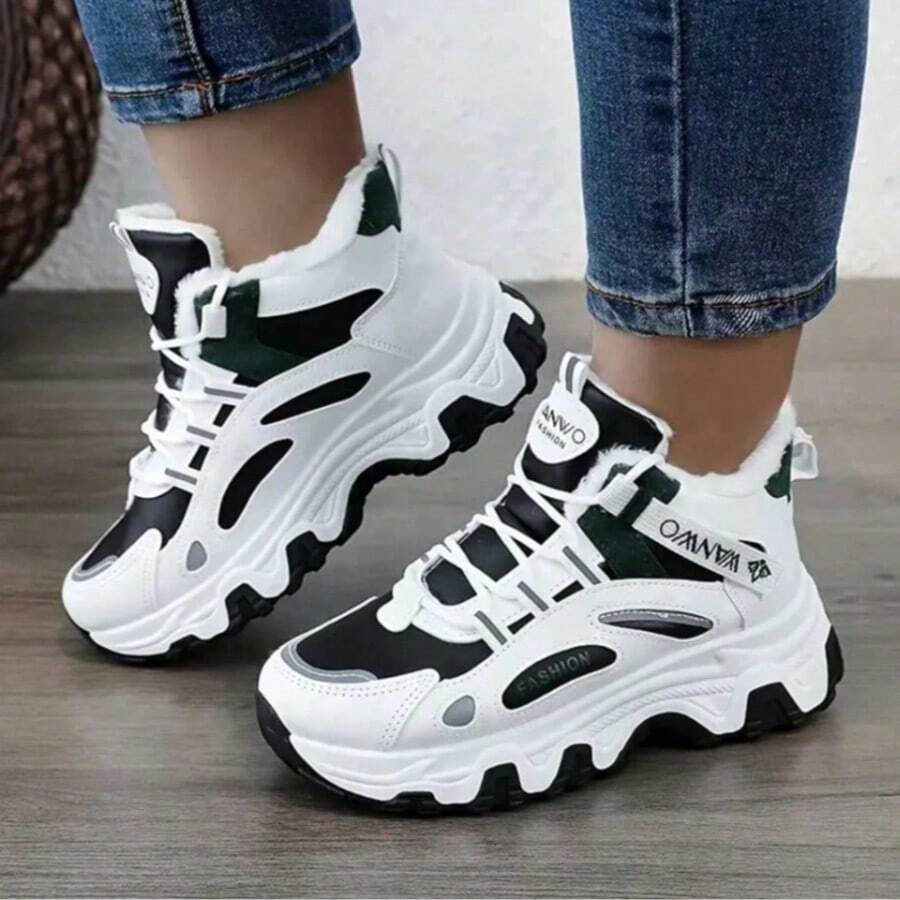 Women's Comfortable Thick-Soled Fleece-Lined Sports Shoes, Breathable Casual Walking Shoes With Thick Soles - Nâng cấp lên màu đen - Xem 1