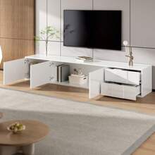 Meuble TV bas moderne blanc 170 cm, Schwebend ou Stehend, High Glanz-Oberfläche, Robinets avec 3 Türen et 2 Schubladen, Antique Stauraum für Wohnzimmer - Blanc - Voir 6