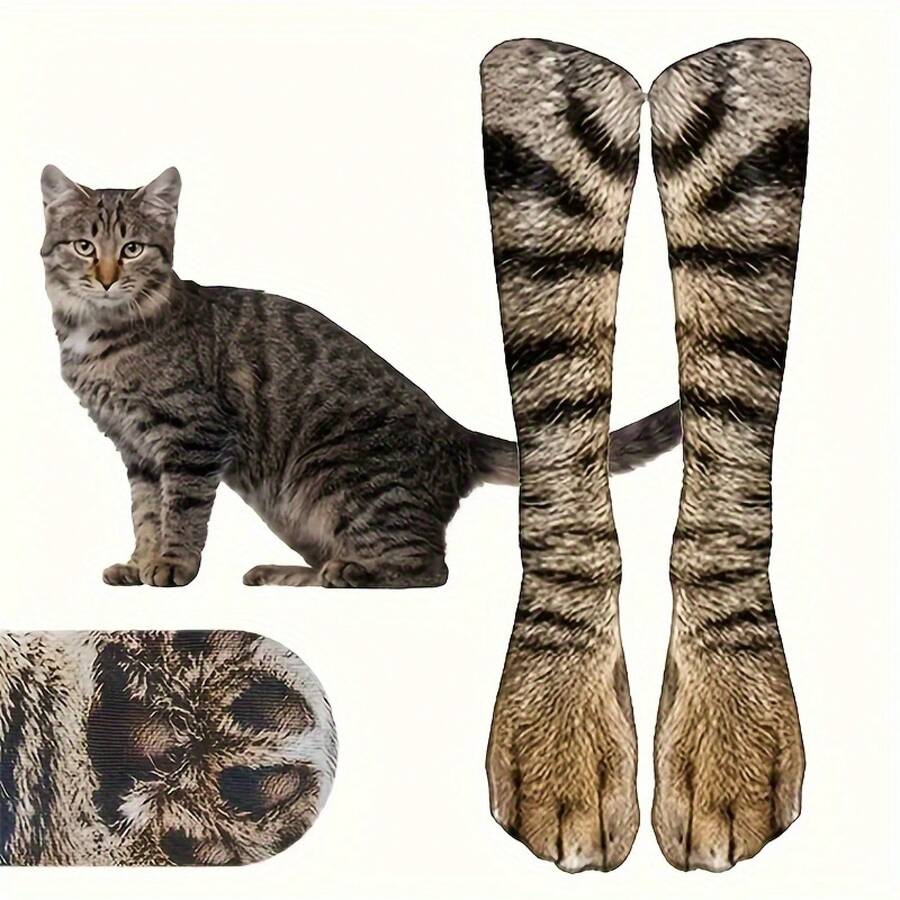 1 Pair Of Realistic 3D Cat And Dog Paw Print Pattern Socks - Featuring Tabby, Tuxedo, British Shorthair Kitten/Puppy Paw Prints - Fun Pet Theme Role Play And Theme Party (Hand Washable) - 1 đôi giày hiệu White Cat - Xem 1