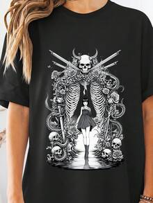 Vintage Unisex Anime T-Shirt Japanese Manga Graphic Tee 100% Cotton Short Sleeve Crew Neck Dark Fantasy Horror Girl With Sword Skulls Demon Skeleton Illustration Gothic Aesthetic-3 - Đen 2 - Xem 2