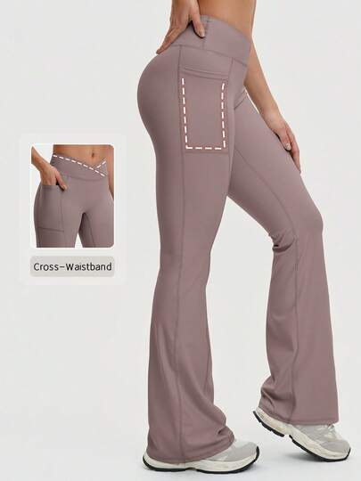 NcmRyu 1 pieza Pantalones deportivos de mujer con cintura cruzada, bolsillos laterales y pierna acampanada elástica