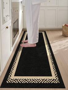 1pc Black Minimalist Pattern Kitchen Mat, Beige Trim, Non-Slip & Stain Resistant, Suitable For Room Decor, Living Room, Bathroom, Bedroom Rug, Doormat, Area Rug And Outdoor Rug, Made Of Polyester Fiber, Easy To Clean And Machine Washable, Suitable For All Seasons And Holidays. - Black - View 8
