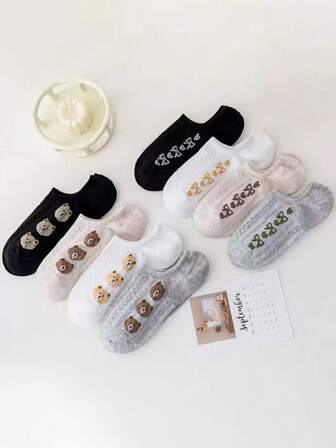 8 pares de calcetines invisibles para mujer con diseños de animales y lazos lindos de boca poco profunda
