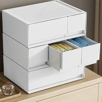 Desk Stationery & Cosmetic Storage Box, White Plastic Drawer Organizer Box, Modular Stackable Makeup Jewelry Box, Stationery Organizer