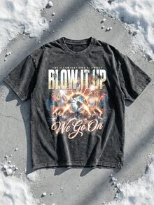 IllumiNations Fireworks Graphic Tee Acid Washed Shirt Unisex Couple Matching Group Trip Gear We Go On Text Blow It Up Slogan Retro Nighttime Spectacular Epcot World Shirt Vintage 90s Aesthetic Cotton Graphic Tees Men Oversized T Shirt Summer Clothes Men Winter Clothes - 黑色 - 查看 1