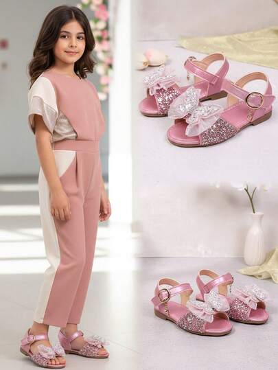 1双幼儿女童紫红色平底凉鞋，柔软皮革，饰有闪亮水钻蝴蝶图案，圆头设计，防滑软底，魔术贴搭扣，时尚公主风沙滩凉鞋，适合3-12岁儿童，2026春夏款