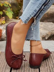 New Bowknot Toe Separating Flat Shoes, Women Round Toe Slip-On Mule Shoes, Retro Women Shoes,Ballet Flats - Red - View 4