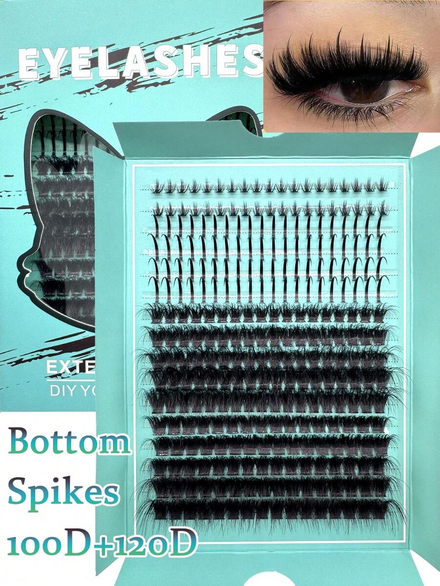 16Rows  Manga Eyelash Extensions Clusters Bottom+Spiky Lashes Extensions Clusters Spikes Eyelash Extensions Segmented Eyelash Makeup Tools,5D Fluffy Thick Soft Individual DIY Clusters Eyelash Extension Kit, Thick Individual Cluster Lashes With Spikes&Bottom, Lashes Easy Application For Beginners,Personalized Cat/Fox Green Box Packaging