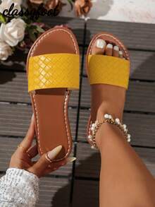 1 Pair Women's Woven Texture PU Leather Non-Slip Flat Toe Loop Flat Sandals, Casual/Holiday Wear For Summer - Yellow - View 2