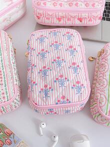 1个可爱碎花数码配件收纳袋，时尚蝴蝶结电子产品整理袋旅行通用线缆袋，条纹小碎花图案多功能收纳袋，适用于手机壳、数据线、零钱包、珠宝、移动电源、鼠标、充电器、数据线、笔袋、硬盘、保护套、可水洗旅行收纳袋 - 彩色 - 查看 7