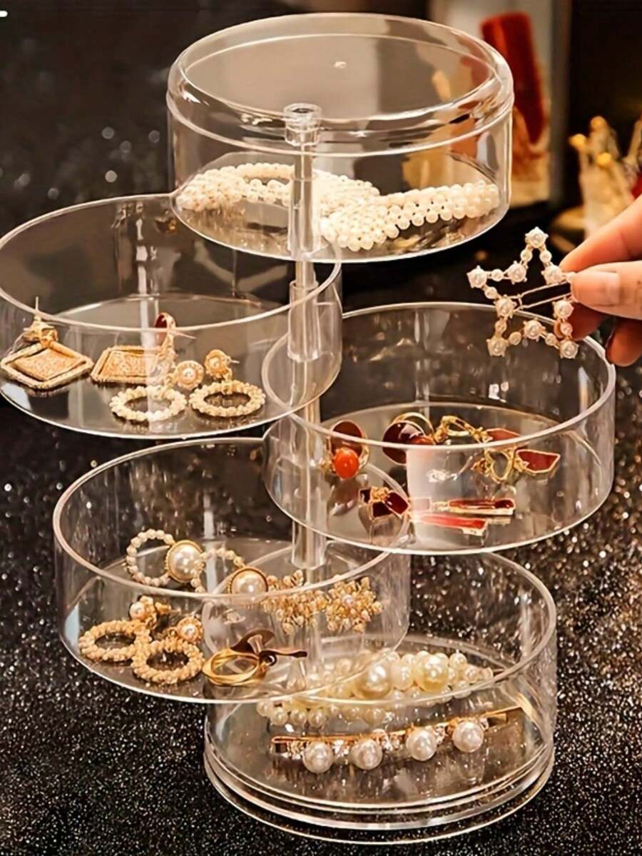 joye3-5, 5 Niveles Y 3 Niveles Caja Organizadora de Joyería Giratoria con Tapa de Acrílico y Cubierta Antipolvo - Tapa Redonda Multinivel para Aretes, Collares, Pulseras, Maquillaje - Almacenamiento Compacto para Escritorio, Tocador, Viajes - Estuche de Joyería de Lujo - Multicolor - Ver 1