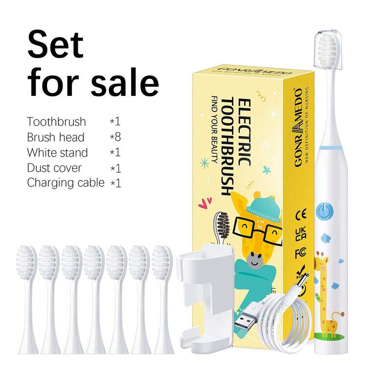 1pc Electric Toothbrush With 8 Replacement Brush Heads, USB Rechargeable, 5 Speed Settings. Unisex Oral Care Product For Teeth Cleaning, Whitening, Soft Bristles, Sensitive Teeth Care. Includes Wall Mount Holder And Dust Cover. - White - View 1