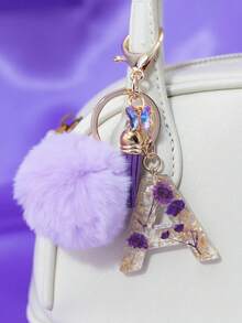 1pc Purple Starry Sky Dried Flower 26 Uppercase English Letter Resin Keychain, Bubble Fur Ball Glass Butterfly Tassel Decor, 18K Gold Lobster Clasp Design, Suitable For Bag Chain, Phone Strap, Gift For Friends, Mother, Christmas, Bag Charm, Car, Teacher, Sisters Gifts For Mother, Father, Graduation, And Teacher - Purple - View 5