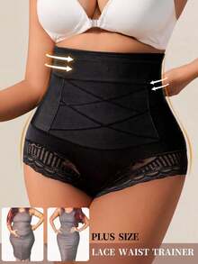 1pc Seamless High Waist Shaping Panties Plus Size Summer Women's Lace Tummy Control Panty Slimming Waist Trainer Sheath Flat Belly Underwear Butt Lifting Shapewear - 黑色 - 查看 10