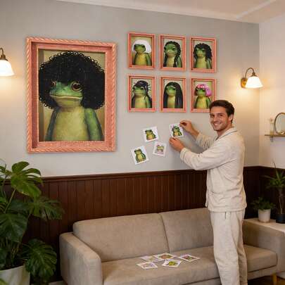 Quirky Frog Hairstyle Decorative Stickers: This Independent Non-IP Design Leads The Of Unique Wall Decor - Its Retro Frame Texture And Vivid Printing Details (Frog Images With Various Human Hairstyles) Perfectly Blend Playful Fun And High-Quality Craftsmanship.