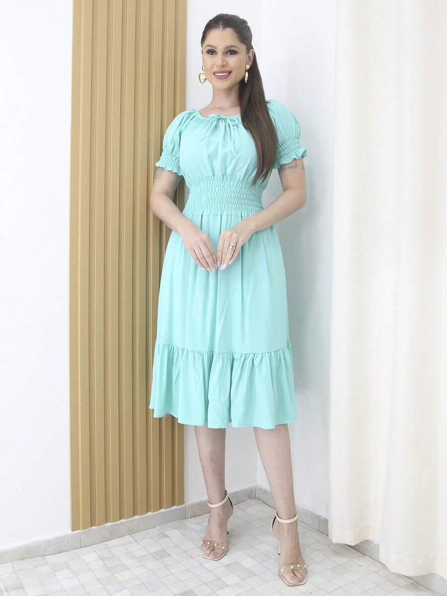 Plain Midi Party Dress With Elastic Waist - 綠色 - 查看 1