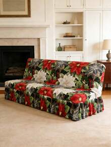 Elastic All Inclusive Red And White Printed Skirt Style Sofa Bed Cover, Knitted Milk Silk Sofa Cover, Simple And Modern, Suitable For Armless Sofas