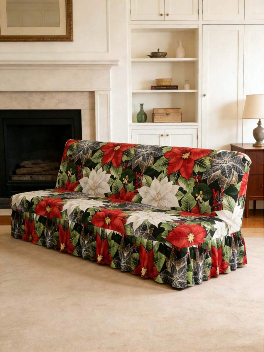 Elastic All Inclusive Red And White Printed Skirt Style Sofa Bed Cover, Knitted Milk Silk Sofa Cover, Simple And Modern, Suitable For Armless Sofas