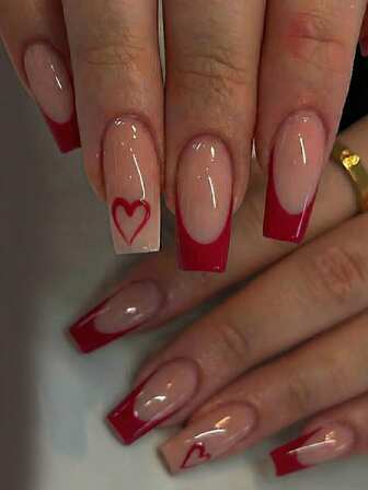 24 st. mellanstora fyrkantiga franska manikyrnagelklistermärken, rött hjärtmönster, heltäckande lösnagelset innehåller 1 st. nagelfil och 1 st. nagellim, perfekt för dagliga dejter, kontor, hemmasammankomster och smyckesaccessoarer för kvinnor