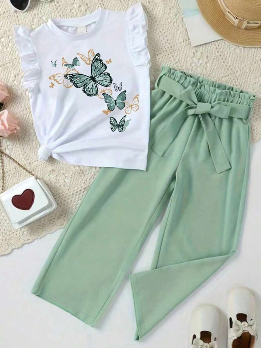 Conjunto de top de manga corta con estampado de mariposa y pantalones largos con lazo para niñas - Verde - Ver 1