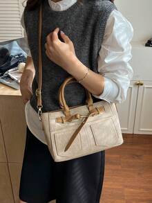 1pc Fashionable Casual Solid Color Multi-Pocket Shoulder Tote Bag, Large Capacity Women's Commuter Bag - Khaki - View 3