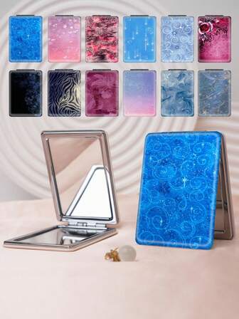 1pc Healing Floral Pattern Foldable Compact Vanity Mirror, Lightweight, Ultra-Thin, Portable Hand Mirror, Durable PU Leather, Suitable For All Occasions And People, Foldable Pocket Mirror With Unique Floral, Heart, Leopard, Flower, Star Patterns, Delicate Design, Foldable Structure, Durable And Reliable, Convenient To Carry, 180° Flip Cover, Multi-Functional