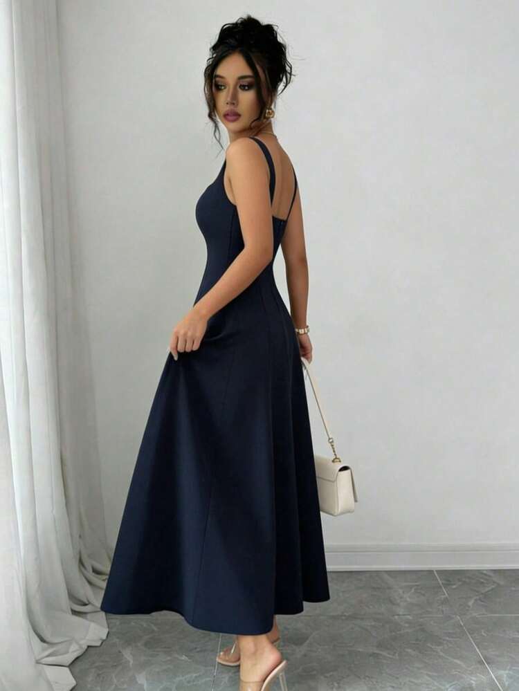 Einfarbiges, elegantes, lässiges Rückenfreies Reißverschluss-Kleid, geeignet für Hochzeiten, formelle Abendpartys im Sommer - marineblau - Übersicht 2