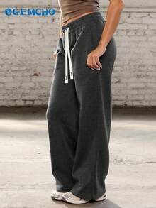 GEMCHO 1pc Women's Drawstring Waist Loose Wide Leg Casual Sweatpants With Pockets, Knit Fabric With Slight Stretch, Suitable For Leisure, Running, Jogging, Fitness, All Season Long Pants - Dark Grey - View 6