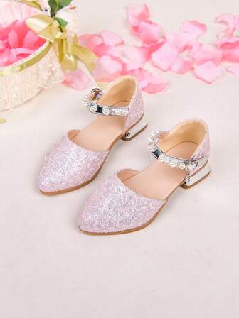 1 Pair Cute New Kids High Heels, Glitter Princess Shoes, Mary Jane Pearl Strap Accessories, And Suitable Dance Shoes For Attending Balls