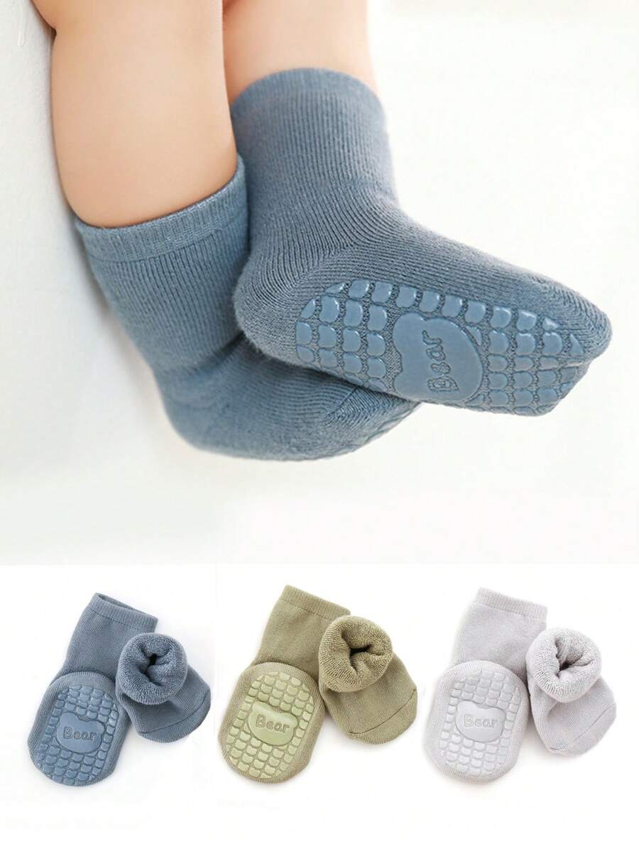 3 Paar Neugeborenen Baby einfarbige Crew Socken, knöchellang, flauschig, warm, dick, rutschfest, für Baby Jungen und Mädchen - Verschiedenfarbig - Übersicht 1