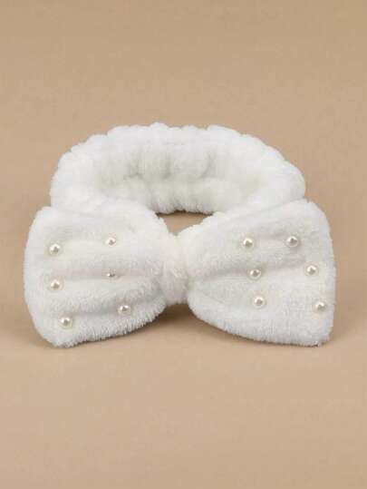 1 buc bandă de păr cu fundă de perle, bandă de păr pentru curățarea feței, accesorii de păr, bandă de păr din pluș cu perle pentru mască de machiaj, decor de baie - ideală pentru machiaj, îngrijirea pielii și spălarea feței - accesoriu și cadou perfect pentru baie