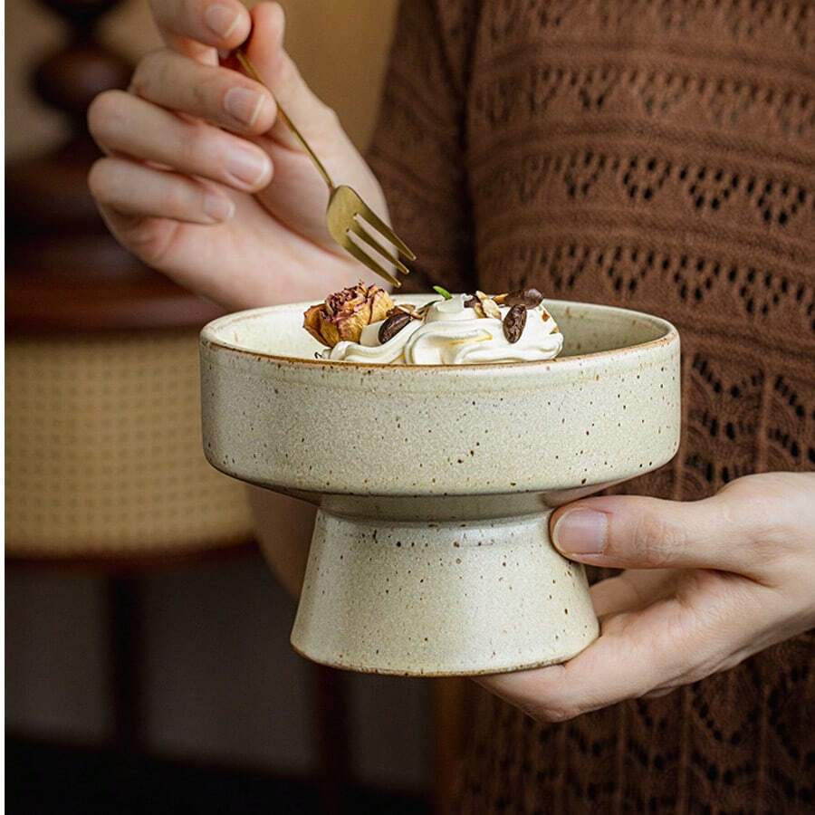 1pc Retro Ceramic High Footed Plate, Vintage Fruit Plate, Living Room Tea Table Snack Tray - Beige - View 1