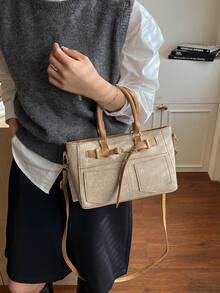 1pc Fashionable Casual Solid Color Multi-Pocket Shoulder Tote Bag, Large Capacity Women's Commuter Bag - Khaki - View 5