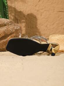 On feet& in love Women's Fashionable & Elegant Square Toe Rhinestone Chain Strap Open Toe Slip-On Sandals, Suitable For Wearing With Dresses, Thin High Heels - Gold - View 7