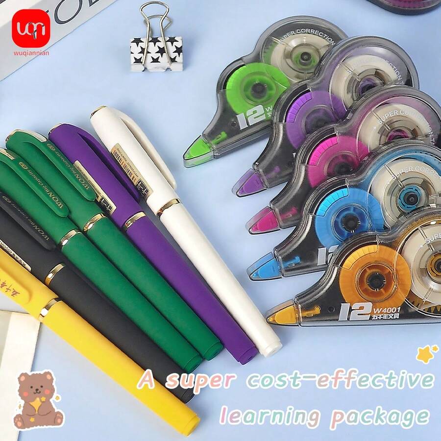 WQN 6pcs High-Quality Office Neutral Pens 0.7mm Refill, Random Colors, Color Correction Tape Set Of 6, Strong Adhesive Gel For Learning And Office Supplies, Back-To-School Season - Multicolor - View 1