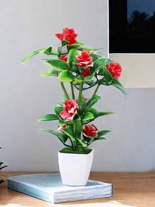 1 pieza Flor de rosa silvestre artificial y realista de colores rojo, rosa, púrpura y naranja en un jarrón cuadrado blanco para decoración del hogar, mini ornamento de arreglo