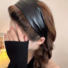 1 Piece Solid Color Casual Elegant Leather PU Headband, Four Seasons Fashion Hair Accessories, Retro Leather Headband Women's Wide Edge Headband New Hairpin High-End Headgear - 黑色 - 查看 4