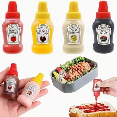 Days 4个装迷你调味挤压瓶 - 防漏、可重复使用的塑料容器，适用于番茄酱、芥末酱、蛋黄酱和沙拉酱，0.75盎司 - 非常适合午餐盒、野餐和外出用餐，番茄酱和芥末酱瓶