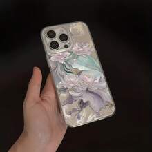 1pc Feather Shell Minimalist IMD Floral Purple Vibrant Lotus Pattern Phone Case, Compatible With IPhone 16 Pro Max, 17/16/15/14 Plus, 13/12/11, Air, And Series - Multicolor - View 2
