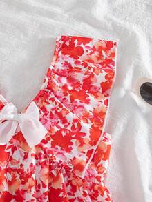 Robe mi-longue à col V, manches courtes bouffantes, ourlet à volants, avec imprimé floral et nœud papillon, style décontracté, pour le printemps/été - Rouge - Voir 6